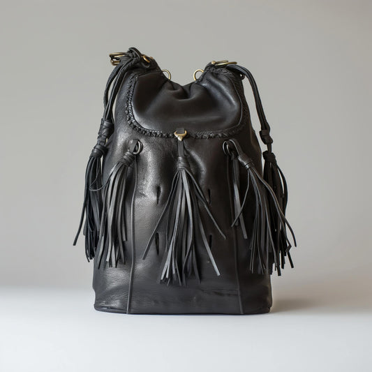 Black leather fringe bucket bag