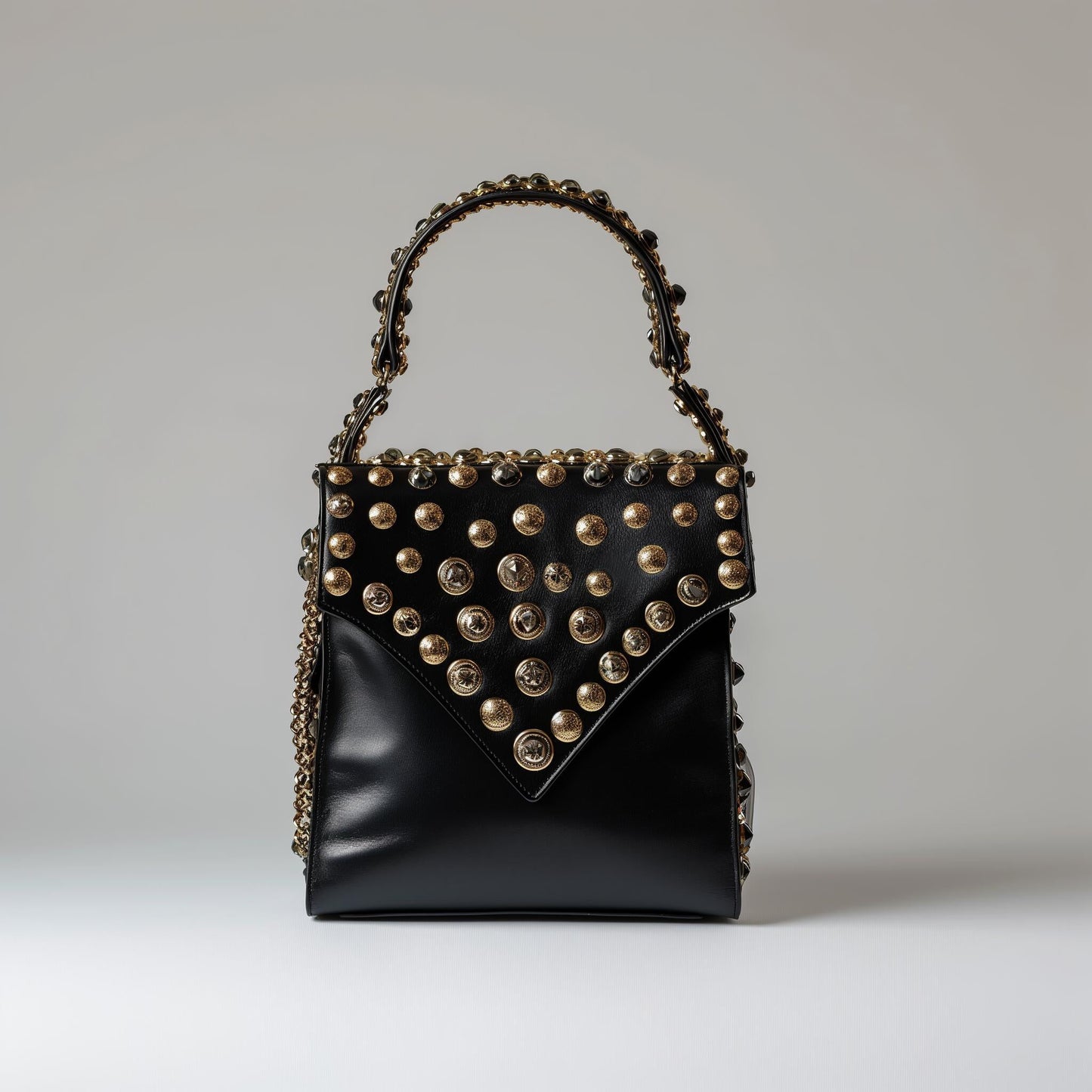 Black leather top-handle satchel with rhinestones and embellishments